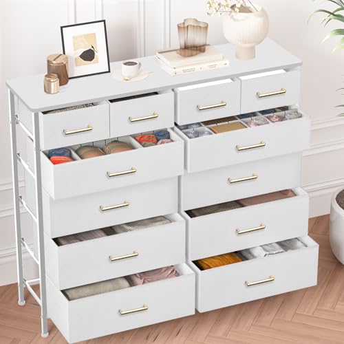 VASICAR Chest of Drawers for Bedroom with 12 Deep Drawers Tall Fabric Dresser, Storage Cabinet for Closet, Nursery, Bedside, Living Room, Entryway, Hallway (White) - color: White