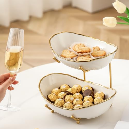 2 Tier Ceramic Fruit Bowl for Kitchen Counter, Tiered Fruit Basket for Countertop, Modern Multi Layer Fruit Display Stand for Party, Cute (Gold-rimmed, Small) - color: Gold-rimmed, size: Small