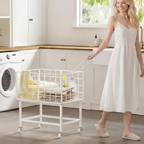 WOWLIVE Rolling Laundry Hamper with Wheels, 80L Heavy Duty Laundry Basket with Handle, Metal Wire Frame Laundry Cart, Dirty Clothes Hamper Organizer Dorm Room Storage for Bedroom, Bathroom, White - color: White