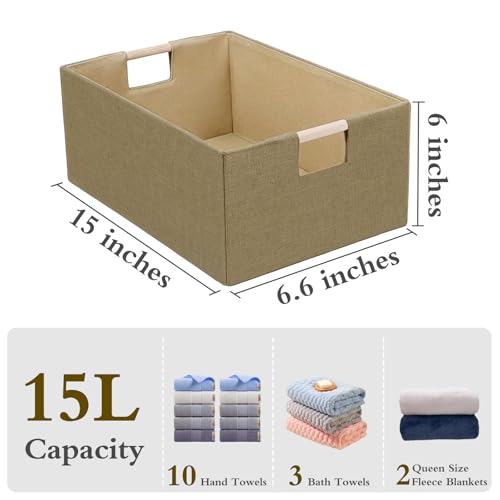 Foldable Fabric Storage Baskets Set of 2 for Shelves, Linen Decorative Storage Bins with Wooden Handles, Small Organizer Cubes for Closet, Rectangle Canvas Boxes for Organizing, Decor (Brown 2 Pack) - color: Brown 2 Pack