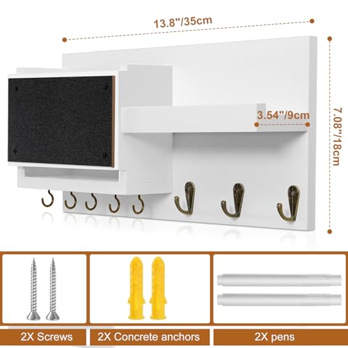 Decorative Key Hanging Rack with 8 Hooks – Easy Install Natural Wooden Key and Mail Holder for Wall Mount – Sunglasses Wallet Holder Entryway Decor with Shelf and Chalkboard (White) - color: White