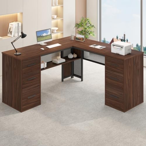 HSH Large L Shaped Executive Desk with Drawers, Home Office Metal Wood Computer Desk for Work Writing Study Gaming, Rustic L-Shaped Walnut Desk Table with File Drawer, Storage Cabinet Shelves, 59 in - color: Walnut