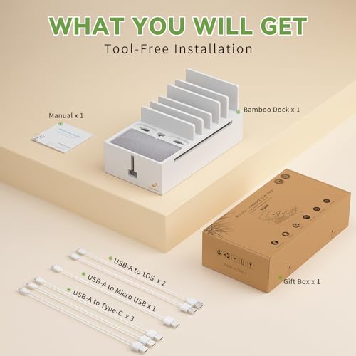 Pezin & Hulin Multi Charger Station Organizer Rack, Bamboo Cable Management Box, Power Strips and Cord Hider, Nightstand Device Organizer (Include 6 Cables)(No Power Charging Supply) -White - color: White (No Charger)