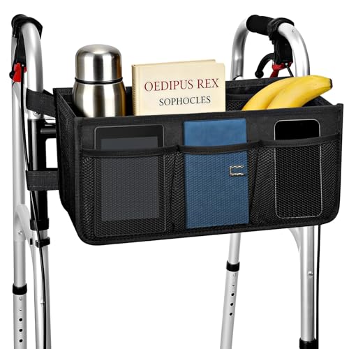 Dotday Upgraded Walker Basket with Cup Holder, Foldable Walker Bag with Large Capacity & Never Tipping Over- Not Fit for Rollator - color: Black