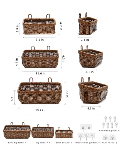 AceList Wall Hanging Basket, Boho Style Hand-Woven Hanging Storage Baskets - Set of 3, Ideal for Boho Room Decor, Kitchen, Garden, and Living Room(Brown) - color: Brown, size: 3 pc (set)
