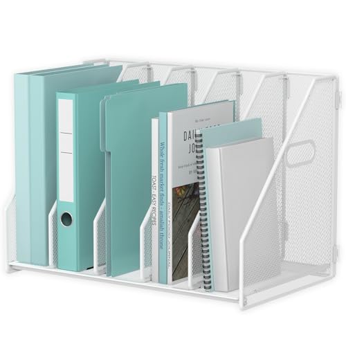 MINDEPOT Desk File Organizer Metal Desk Magazine Folder Holder with 5 Vertical Compartments Rack File Organizer for Office, Home, School (White) - color: White