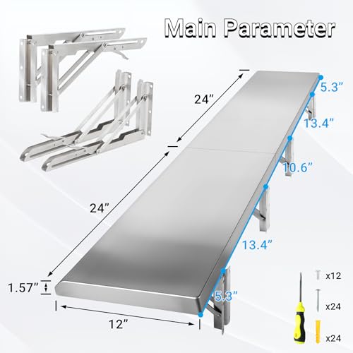 Concession Shelf Drop Down 12" x 48", Spliced Style Folding Concession Stand Shelf Commercial Grade Stainless Steel, Foldable Concession Shelves for Snack Bar, Food Cart, Movie Theater - size: 12" x 48"