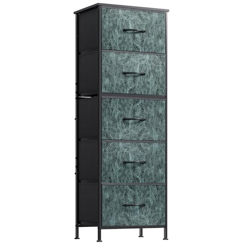 WLIVE Fabric Dresser, 5-Drawer Tall Dressers for Bedroom, Storage Dresser Organizer with Fabric Bins, Wood Top, Sturdy Steel Frame, Chest of Drawers for Closet, Hallway, Vintage Green - color: Turquoise