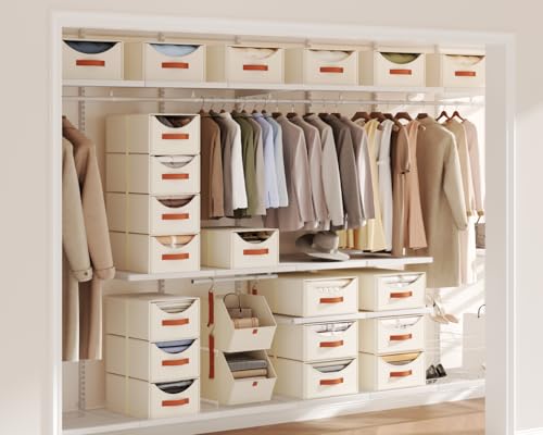 Homsorout Stackable Storage Drawers - Collapsible Storage Bins with Drawers, 4 Pack Closet Shelf Organizer Basket, Fabric Pull Out Organizer for Bedroom, Living Room, Dorm, Beige - color: Beige, size: 13.7 Inch. - 4 Pack