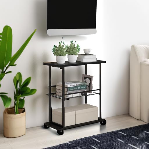 PROXRACER 3-Tier Narrow Side Table with Storage Shelf, Slim Skinny End Table with Wire Basket, Industrial Sofa Side Table for Small Spaces, for Living Room, Bedroom, Black - color: Black, size: No Fence