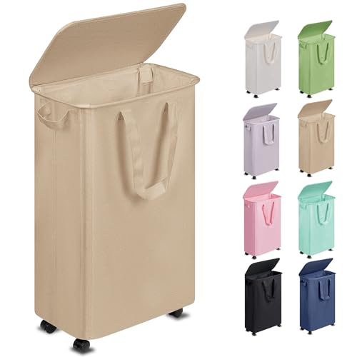 Vincona Slim Laundry Hamper with Lid and Wheels, Small Rolling Laundry Basket with Handle for Small Spaces, Tall Dirty Clothes Hampers for Dorm, Bathroom and Bedroom, 55L, Oatmeal - color: Oatmeal, size: 55L