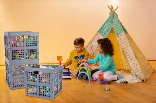 Eslite 3-Pack Collapsible Plastic Storage Crates,Foldable Crates for Storage,16L (Grey) - color: Grey