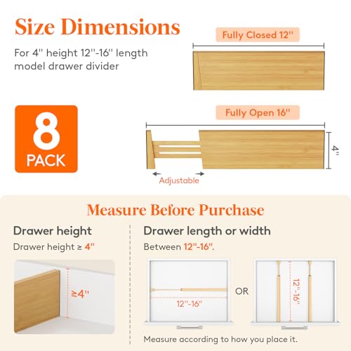 Lifewit 4" High 8 Pack Bamboo Drawer Dividers 31-40cm/12-16 Adjustable Wooden Drawer Organizer for Clothes/Utensils, Expandable Drawer Separator for Dresser/Kitchen/Bedroom/Office Organization - size: 4"H, 12-16"L