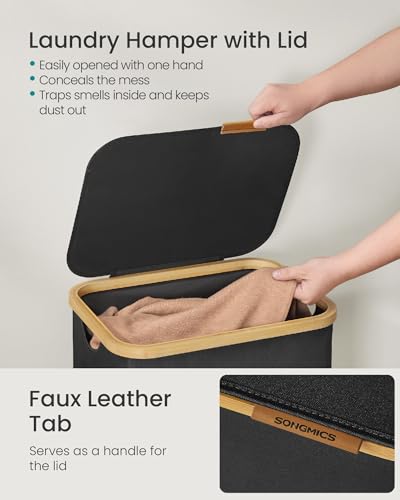 SONGMICS Laundry Hamper, Laundry Basket with Lid, Foldable Storage Basket, Bamboo Frame, for Bedroom, Living Room, Oxford Fabric, 26.4 Gal. (100 L), Ink Black ULCB518BH01 - color: Ink Black, size: 100 L (1-Section)