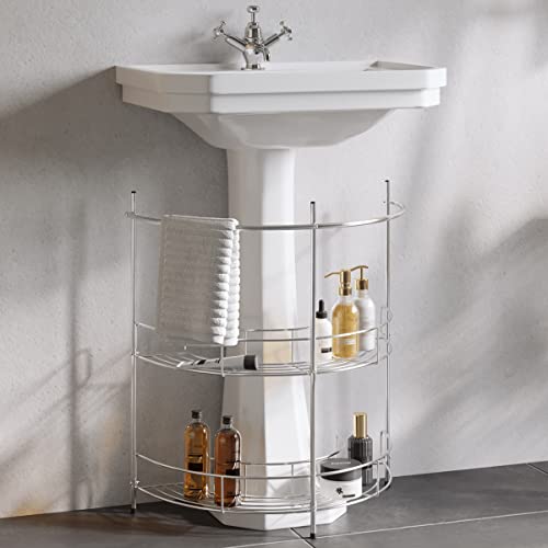 Pedestal Sink Organizer - Compact Under the Sink Rack with 2 Storage Shelves and Towel Holder - Space Saving Bathroom Storage by Lavish Home - color: Silver