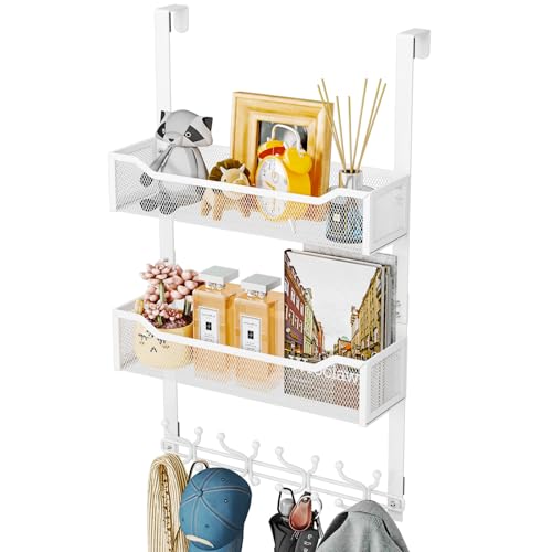 SWTYMIKI Over The Door Hook with 16 Hooks & 2 Mesh Baskets - Heavy Duty Over The Door Organizer Hanger for Towels, Coats, Clothes - Space Saving Hanging Rack for Bathroom, Living Room, White - color: White
