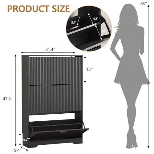 HUANLEGO Shoe Cabinet Storage for Entryway with 3 Flip Drawers, Black Fluted Shoe Cabinet with Adjustable Shelves, Wooden Hidden Shoe Rack Freestanding Narrow Slim Shoes Storage for Hallway, Entrance - color: Black, size: 3 Drawer