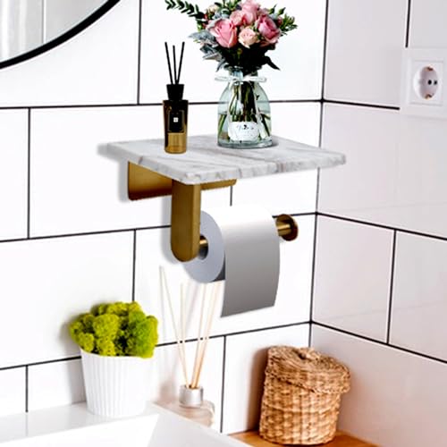 Toilet Paper Holder with Natural Marble Shelf for Bathroom Washroom,Wall Mounted Tissue Holder Suitable for Mega Roll (Brushed Gold, Middle 7.87 * 4.72 in) - color: Brushed Gold, size: Middle 7.87 * 4.72 in
