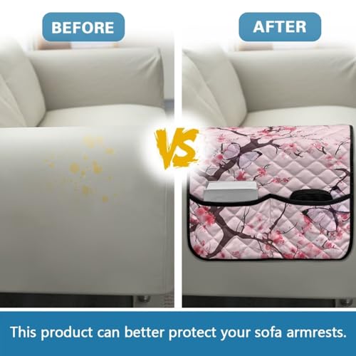 Pink Cherry Blossom Print Armrest Covers for Sofa with 2 Pockets Comfortable Sofa Chair Armrest Protector Anti-Slip Armchair Slipcover for Couch Furniture Protector - color: Pink Cherry Blossom