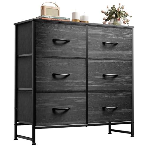 WLIVE Black Dresser for Bedroom, 6 Drawer Dresser, Storage Tower with Fabric Bins, Chest of Drawers for Closet, Living Room, Hallway - color: Charcoal Black Wood Grain Print