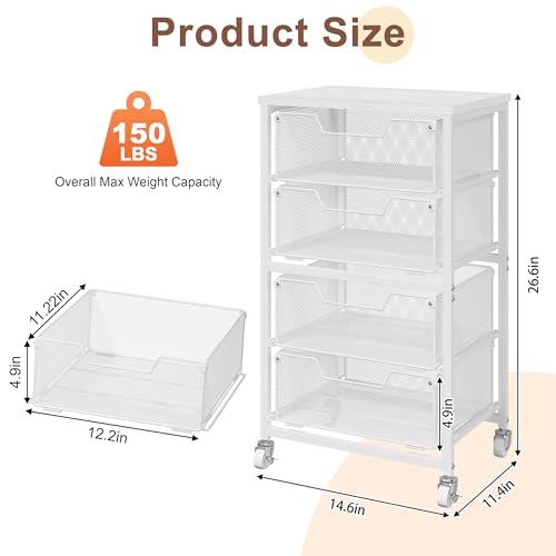 4-Drawer Rolling Storage Cart, Utility Cart with Drawers, White Metal Craft Cart Organizer with Wheels & Wooden Top, Art Supply Storage Organizer for Classroom, Office, Kitchen,Patent Pending - color: White