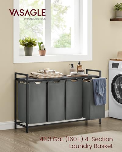VASAGLE Laundry Hamper, Laundry Basket, Laundry Sorter with 4 Pull-Out and Removable Bags, Shelf, Metal Frame, 4 x 10.6 Gallons (40 L), 45.7 x 13 x 28.4 Inches, Slate Gray and Charcoal Gray UBLH401G01 - color: Slate Gray + Charcoal Gray, size: 4 Bags - 16