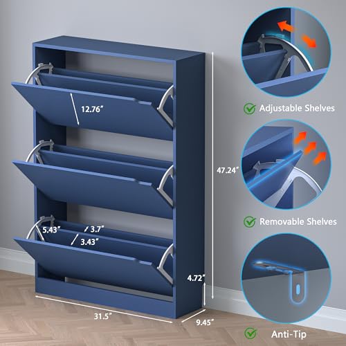 BORNOON Shoe Cabinet with 3 Flip Drawers, Hidden Wood Shoe Cabinet,Freestanding Shoe Storage Cabinet for Entryway Hallway. 47.2" H*31.5" W*9.45" D - color: Blue, size: 3 Drawers