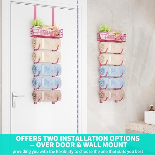 HapiRm Towel Racks for Bathroom Storage - 6 Tier Over The Door & Wall Mount Rolled Towel Storage Organizer Holder with Metal Shelf Basket for Small Bathroom, Camper, Rv - Pink, Patented - color: Pink, size: 6-Tier