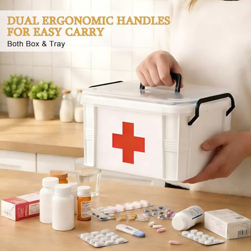 15QT Clear Medicine Organizer Box with Handle, Plastic Medicine Container with Tray First Aid Box Empty, Thickened Medicine Storage Organizer Multipurpose Medication Organizer Storage, White - color: White