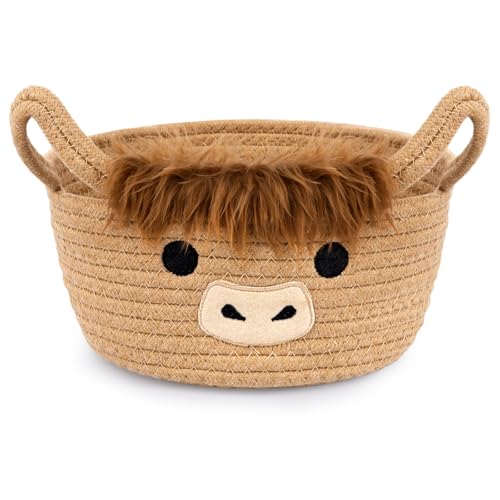 Highland Cute Cow Basket for Nursery, Small Shower Gift Basket, Round Woven Rope Cotton Storage, Baby Blanket 0rganizer with Ears Handles, Blanket Towel Decor Storage Bins, 10.7"D x 4.4"H in - color: Brown, size: 9"D × 5 "H