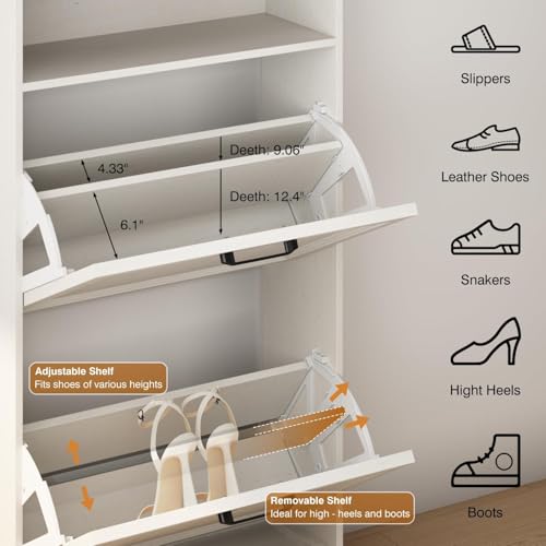 Shoe Storage Cabinet with 2 Flip Drawers, 24" W Farmhouse Modern Hidden Shoes Rack Cabinet with Adjustable Shelves & Open Storage, Narrow Slim Shoe Organizer for Entryway, Hallway, Antique White - color: Antique White, size: 2-Drawers