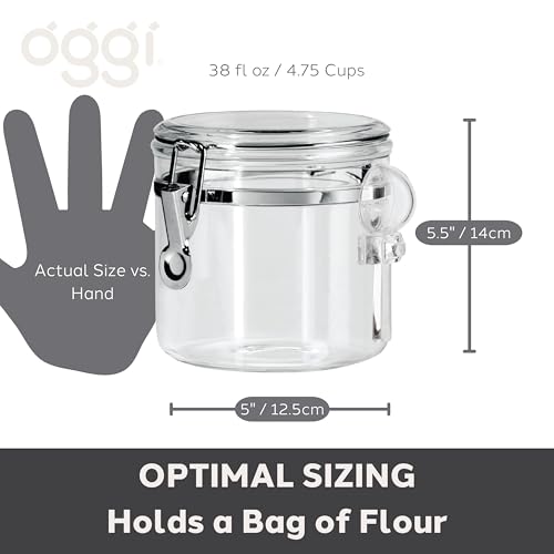 OGGI Clear Canister Airtight 38oz - Clamp Lid & Spoon - Airtight Food Storage Containers, Ideal for Kitchen & Pantry Storage of Bulk, Dry Food Including Flour, Sugar, Coffee, Rice, Tea, Spices & Herbs - size: 38 Fluid Ounces
