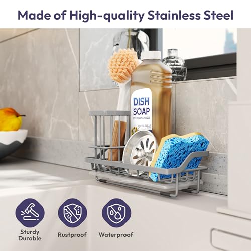 SWTYMIKI Sink Caddy Sponge Holder - Kitchen Sink Organizer with High Brush Holder for Countertop to Hold Dish Soaps and Sponges, Stainless Steel, Gray - color: Gray, size: Medium