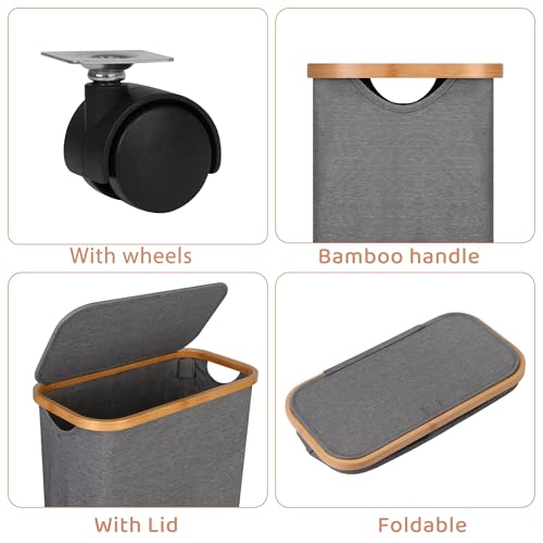 Slim Laundry Basket with Wheels,Narrow Hampers for Laundry, Laundry Hamper with Lid&Bamboo Handles,Dirty Clothes Hamper for for Bathroom Bedroom Dorm, 60L Grey - color: Grey, size: 60L with Wheels