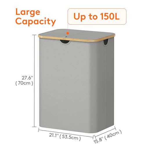 Lifewit 150L Laundry Basket with Lid, Clothes Hampers for Laundry with Bamboo Handles and 2 Removable Laundry Bags, Large Foldable Laundry Hamper for Bedroom, Bathroom, Dorm, Laundry Room, Sliver Gray - color: Silver Grey, size: 150L