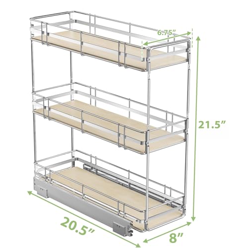 ROOMTEC 3-Tier Pull Out Cabinet Organizer Spice Rack for Narrow Cabinet 8" W x 20½" D, Slide Out Wood Shelves Storage for Kitchen - size: 8" W x 20½" D, 3 Tier, Wood Shelves