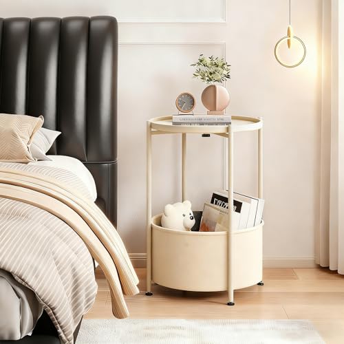 Small Round Side Table with Felt Storage Basket, Metal End Table with Removable Tray and Adjustable Feet, Accent Table for Nursery, Bedroom, Living Room, Laundry Room, Gold - color: Gold