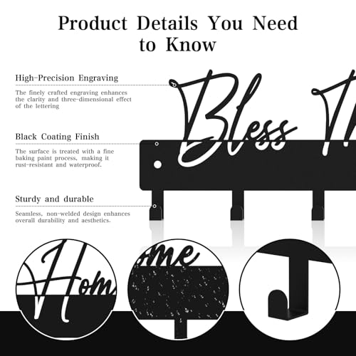 Exquisite Fashion Phrase Key Holder Wall Mount,Bless My Home Key Hooks for Wall Decoration,Black Metal Key Hanger with 7 Hooks for Entryway,Office,Living Room Decor - color: Bless My Home