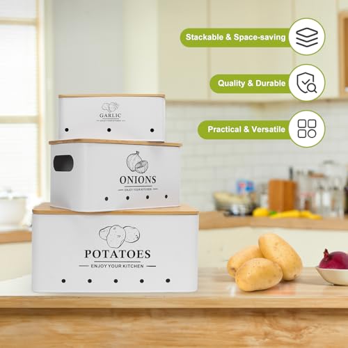 Kitchen Vegetable Storage Set of 3, Metal Onion Garlic Potato Storage Set, Kitchen Canisters Vegetable Keeper Containers with Aerating Holes and Wooden Lid (White) - color: White