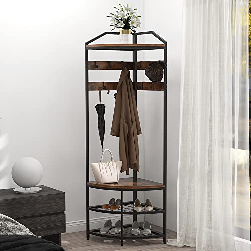 GiftGo Corner Hall Tree with Shoe Bench Entryway Coat Rack with 10 Metal Movable Hooks Floor Standing Clothes Rack Shoes Shelf Organizer for Home Office Bedroom (Rustic Brown) - color: Rustic Brown