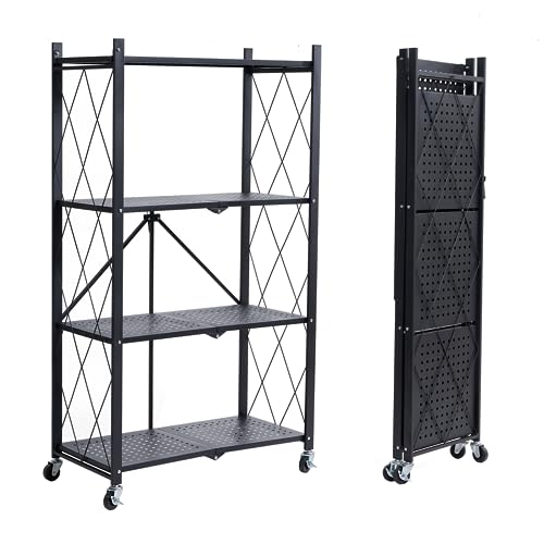 BRIAN & DANY 4-Tier Foldable Storage Shelves with Wheels, Folding Metal Rack Shelving Unit, Heavy Duty No Assembly Organizer Shelf for Garage, Kitchen, Basement, Pantry, Black - color: Black, size: 4-tier