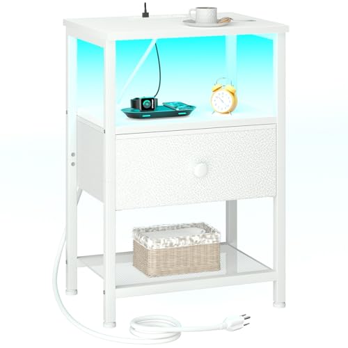 LOAKEKEL LED Night Stand with Charging Station, Small Bedside Table with USB Ports & Outlets, Fabric Storage Drawer with PU Finish for Bedroom, White, HETS01WT-1 - color: White, style: One-drawer