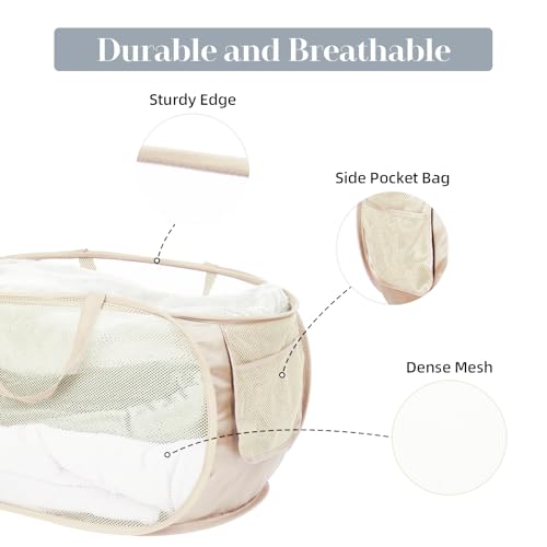 Durable Collapsible Laundry Baskets, Mesh Pop Up Laundry Hamper with Side Pocket, Foldable Clothes Hamper with Reinforced Carry Handles for Laundry, Bathroom, Kids Room, Dorm or Travel 2 Pack Beige - color: 2 x Beige
