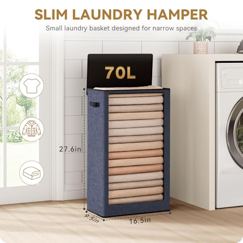 SOLEDI Slim Laundry Hamper with Lid, Narrow Laundry Basket with Removable Bags, Dirty Clothes Hamper with handle, Small Hamper perfect for Laundry room, Bathroom, Bedroom, Small spaces. 70L Navy Blue - color: Navy Blue, size: 70L