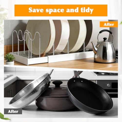 Pots and Pans Organizer for Cabinet, Expandable Pot Rack with 11 Adjustable Dividers, Pan Pots Organizer for Cookie Sheets, Cutting Boards, Pot Lids, Cookware(COLOR:White)