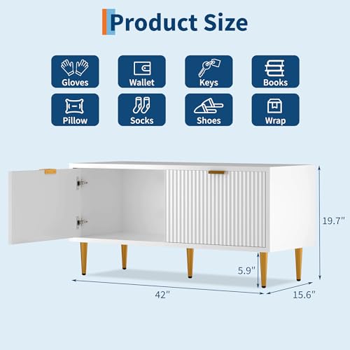 Garvee Shoe Storage Bench for Entryway, Modern Fluted Shoe Cabinet with Storage, Compact Wooden Mudroom Bench for Hallway, Foyer, Entrance, Front Door, White