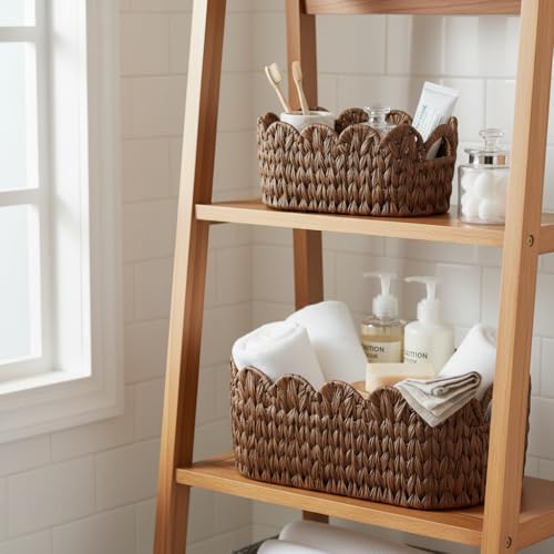 Coeusy Wicker Scalloped Basket Set of 2,Woven Storage Baskets for Shelves,Closet,Laundry,Gift,Towels,Books,Toys,Waterproof Cute Decor Basket for Organizing,Brown - color: Brown