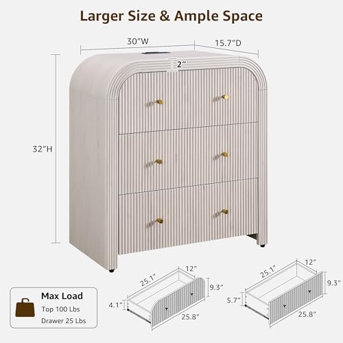 T4TREAM Fluted Dresser with 3 Drawers, 32" Tall Modern Chest of Drawers with Thickened Curved Profile Design, Wood Closet Clothes Storage Organizer for Bedroom, Living Room, Hallway, Alder White - color: Alder White, size: 15.7"D x 30"W x 32"H (3 Drawers)