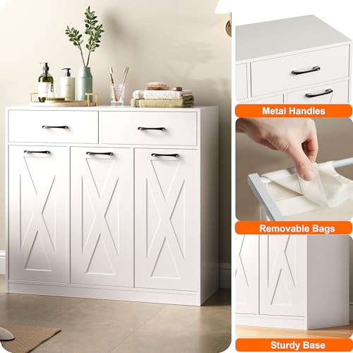 Herture Laundry Hamper Cabinet, Laundry Basket 3 Section with 2 Storage Drawers, Laundry Sorter with Pull-Out Removable Large Bags, 3 x 15.87 Gallons (60L), for Laundry Room Bathroom, White YL01XLW
