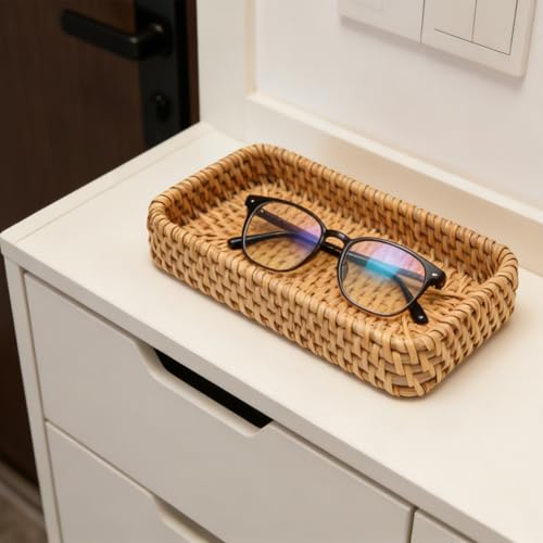 8 Inch Small Rattan Basket Handwoven Serving Tray Storage Blasket Decorative Tray for Home Decor, 8.3"x4.3" - color: Basic, size: 8.3" x 4.3" x 1.6"